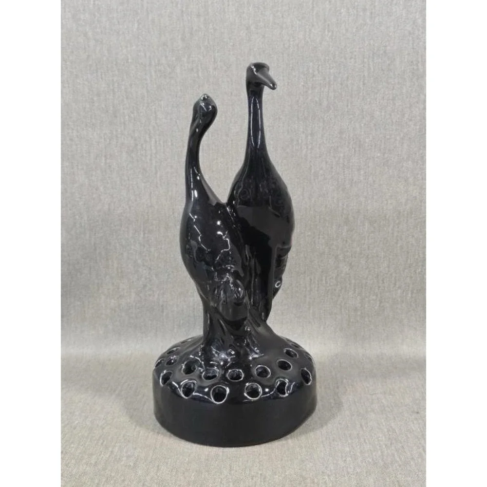 Vintage Camark Cranes Herons Glossy Black Flower Frog Figurine 10